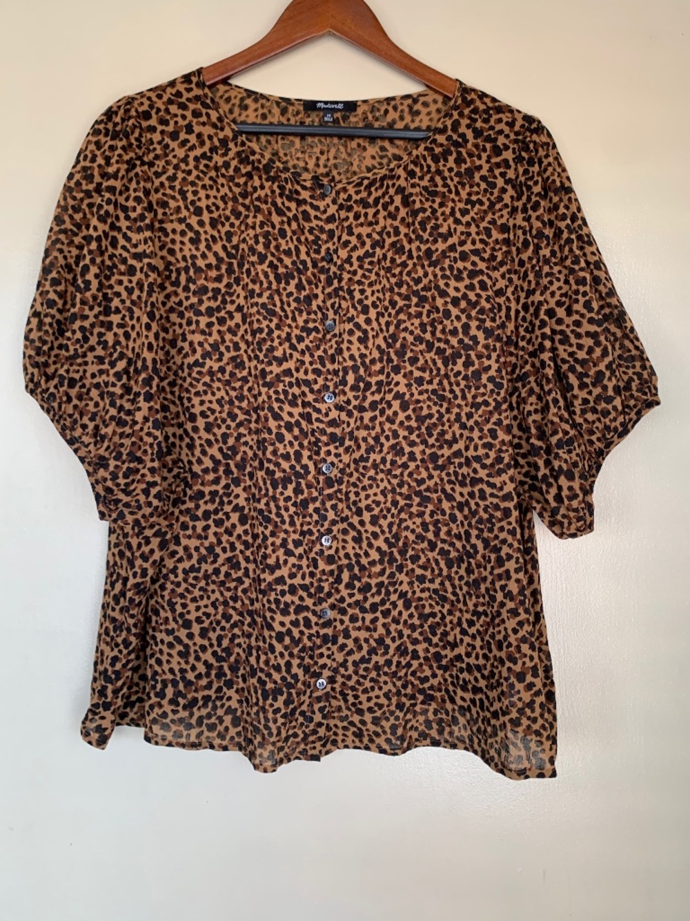 Madewell Leopard Animal Print Shirt 2X Button Front Cotton Puff Sleeves